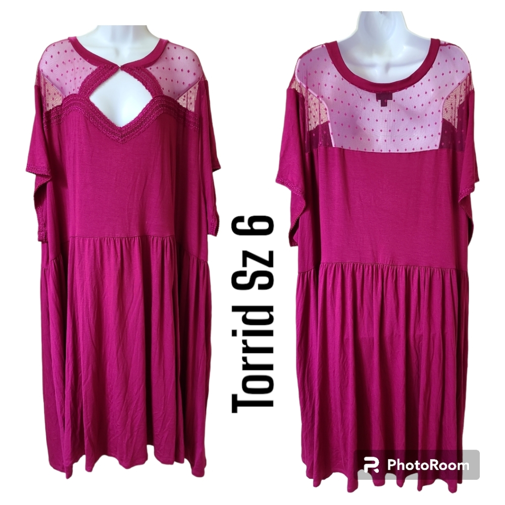 Torrid Dot Mesh Skater Dress Sz 6 Dark Pink Like New Condition